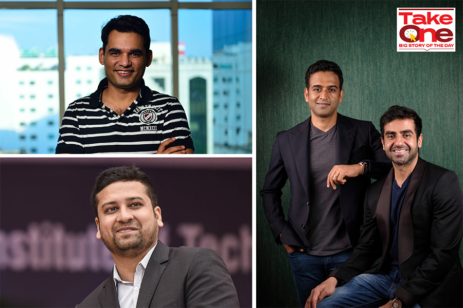 Clockwise: Abhiraj Singh Bahl of Urban Company (Image: Pradeep Gaur/Mint via Getty Images), Nithin and Nikhil Kamath of Zerodha (Image: Nishant Ratnakar for Forbes India), Binny Bansal of Flipkart (Image: Vipin Kumar/Hindustan Times via Getty Images). Ultra net-worth individuals (UHNIs) from the technology sector, have donated more generously than other sectors.