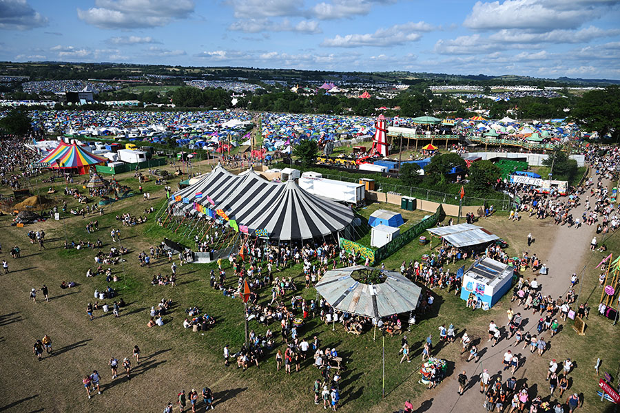 An aerial view of the 2023 Glastonbury Festival site in Somerset, England.