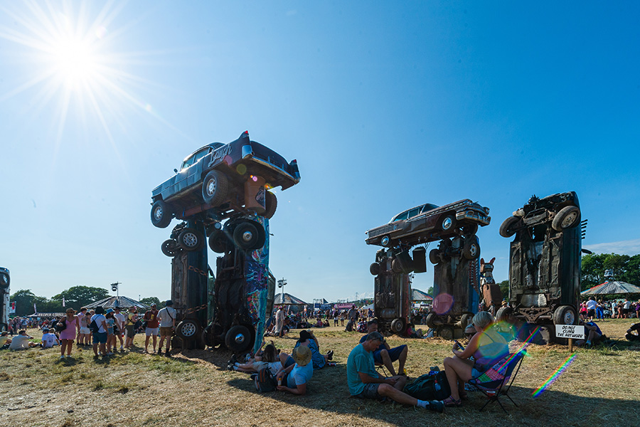 Car Henge, Glastonbury’s own ‘Stonehenge’ is a monumental new installation by the founder of the Mutoid Waste Company and revolutionary underground artist Joe Rush at the Glastonbury Fest 2023